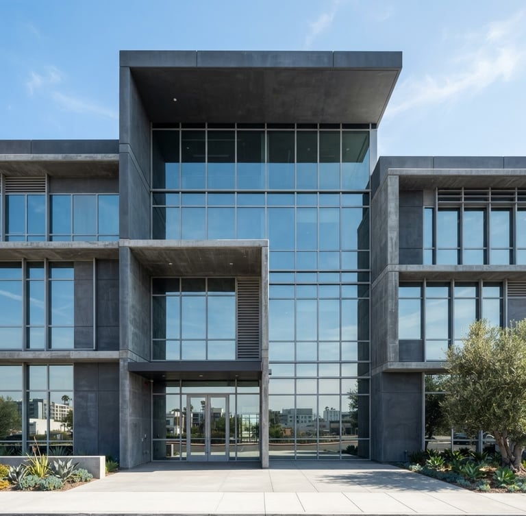 Crisp architectural photography of a modern concrete and glass commercial building facade in bright natural Southern California daylight, sharp focus, slate gray tones, 35mm lens.