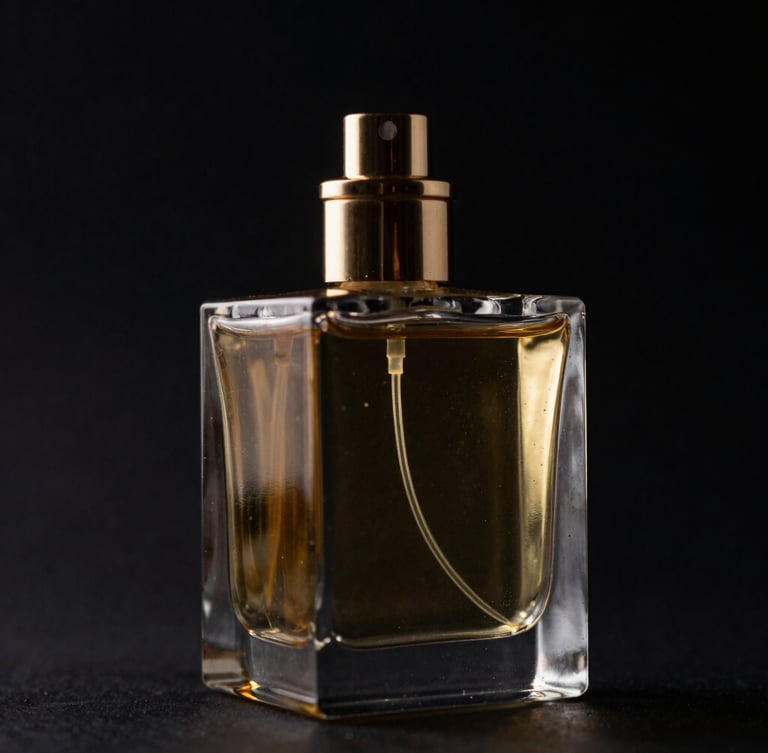 Dramatic low-key product photography of a heavy glass perfume bottle reflecting sharp golden studio light against a dark obsidian background, macro depth of field