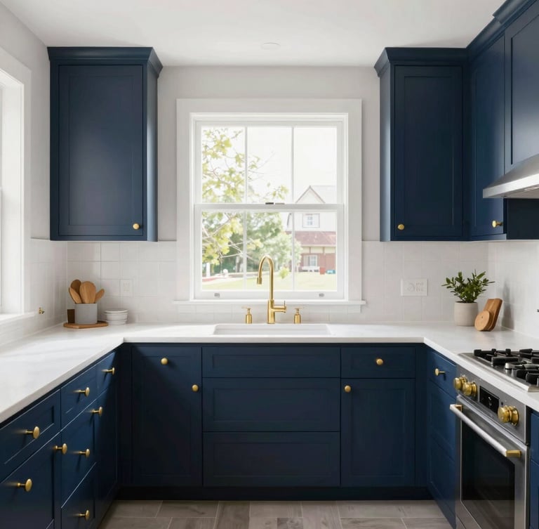 Straight-on architectural photography of a bright modern kitchen renovation with custom navy cabinets and gold hardware, natural light streaming through a large window, 35mm lens