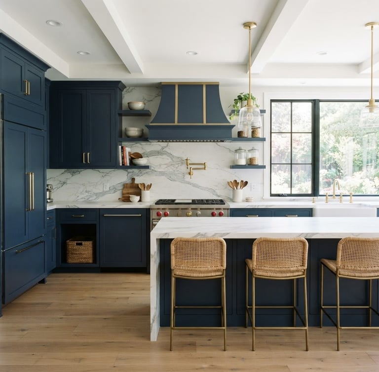 Straight-on architectural photography of a newly remodeled, high-end kitchen with natural light streaming through windows, crisp navy cabinets, gold hardware, white marble countertops, sharp focus.