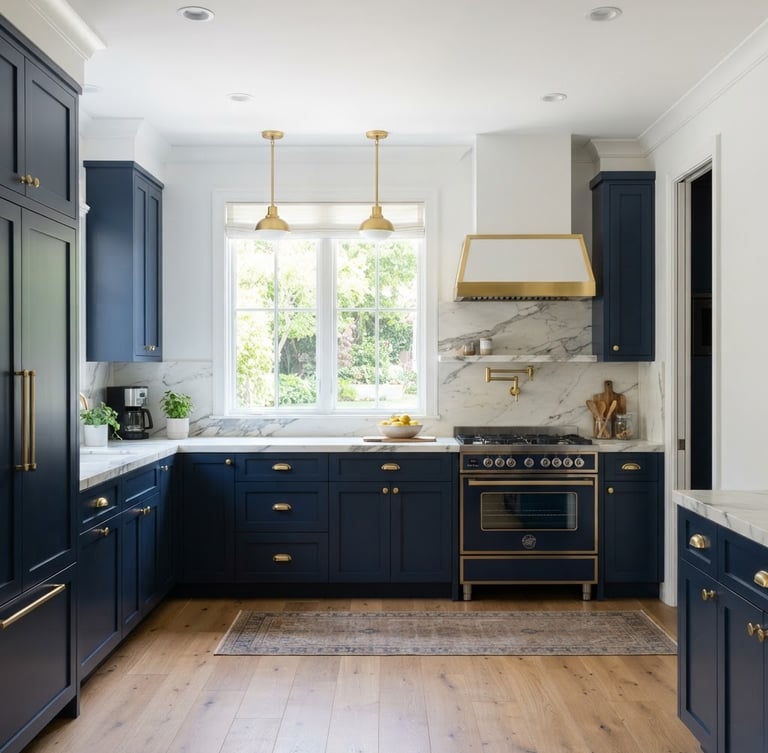 Straight-on architectural photography of a newly remodeled modern kitchen, bright natural window light, deep navy cabinets, gold hardware, marble countertops, crisp white walls, sharp focus.