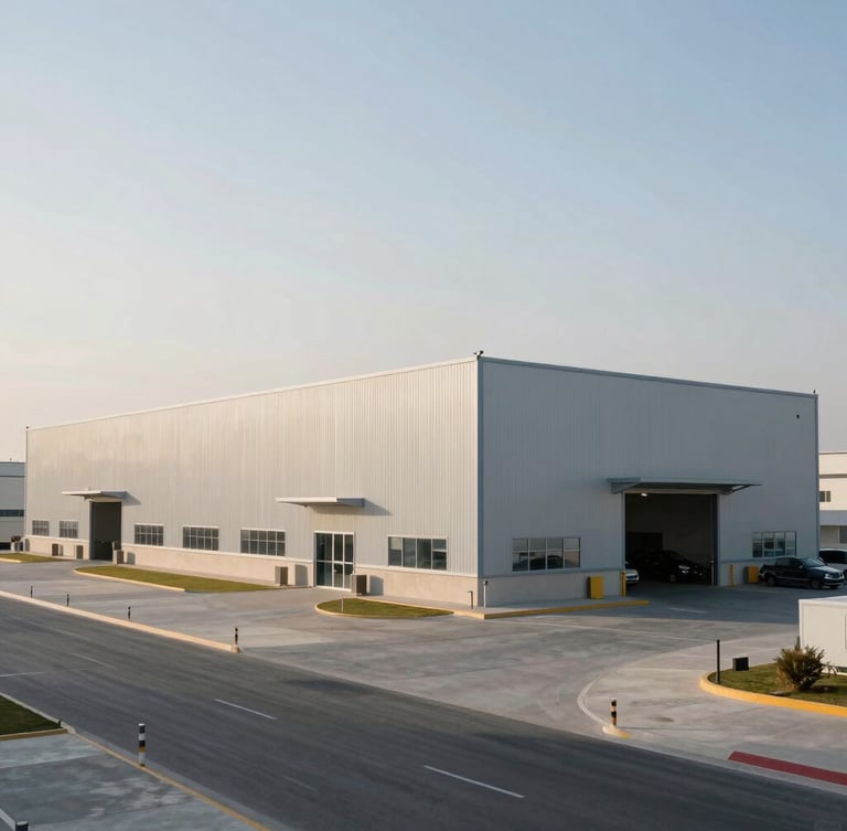 Wide, structured environmental shot of a modern, clean logistics facility in Dubai, soft natural daylight.