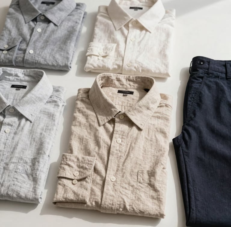 High-angle editorial flat-lay of curated neutral linen shirts and trousers, bright natural daylight, soft shadows
