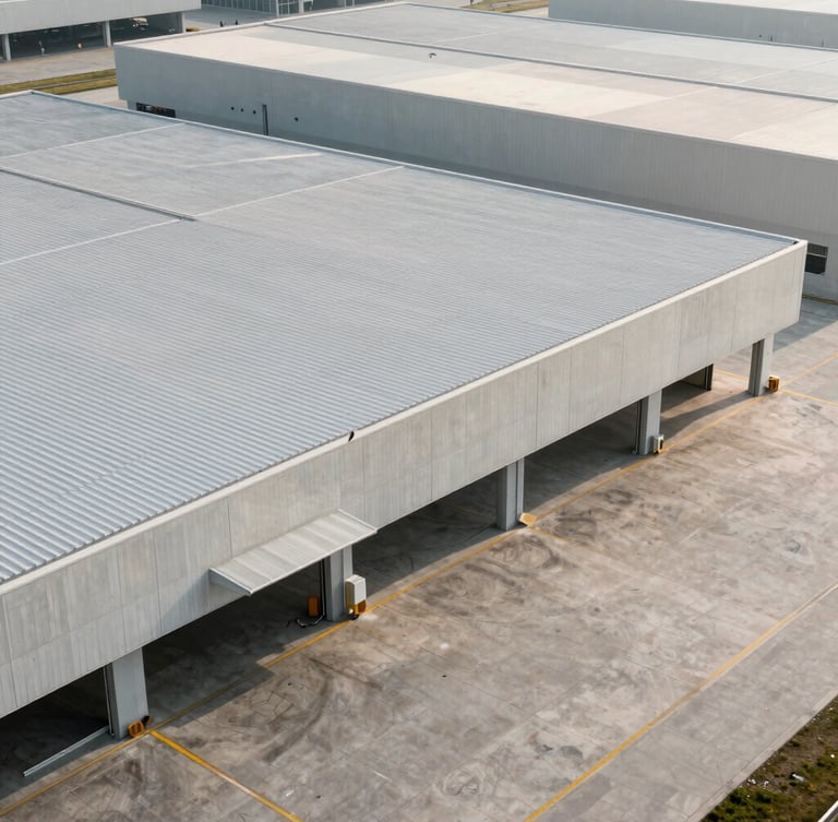 A high-angle architectural shot of a modern logistics terminal, clean concrete lines, soft morning daylight, minimalist aesthetic.