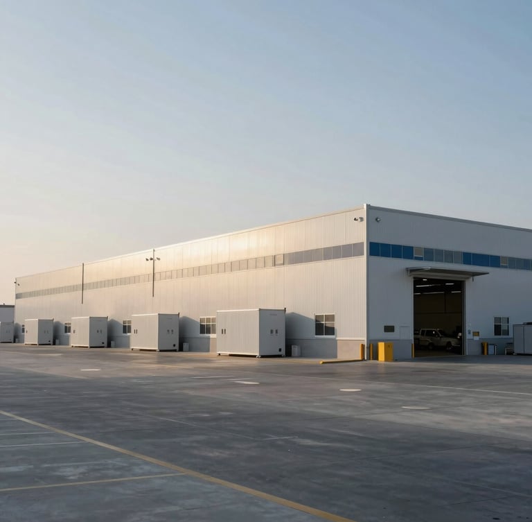 Clean architectural shot of a modern, organized logistics facility in Dubai, soft morning light casting gentle shadows, spacious composition.