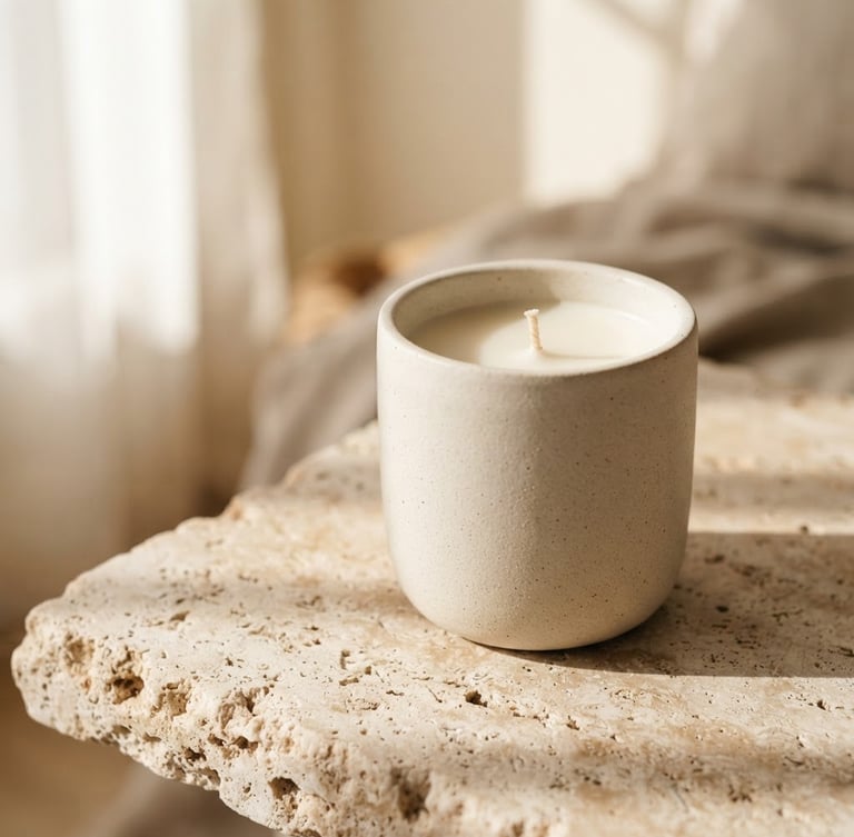 Close-up of a single soy candle in a minimalist matte ceramic vessel on a raw travertine stone table, soft morning window shadows, warm sand tones