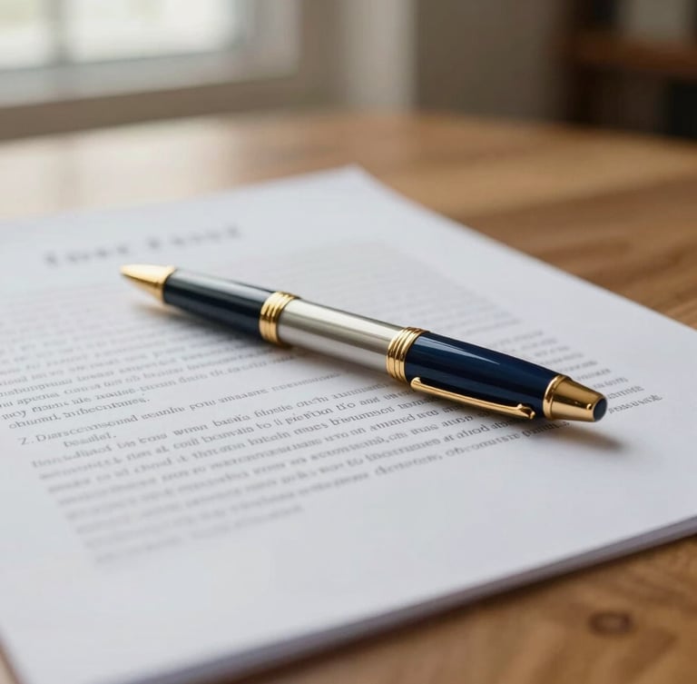 Close-up of elegant gold pen resting on detailed legal document, soft natural light, warm wooden desk, shallow depth of field, 35mm