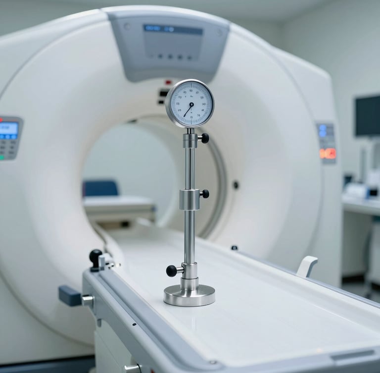Precise technical measurement tool placed next to a modern mammography machine, clean laboratory lighting, sharp focus, 35mm.