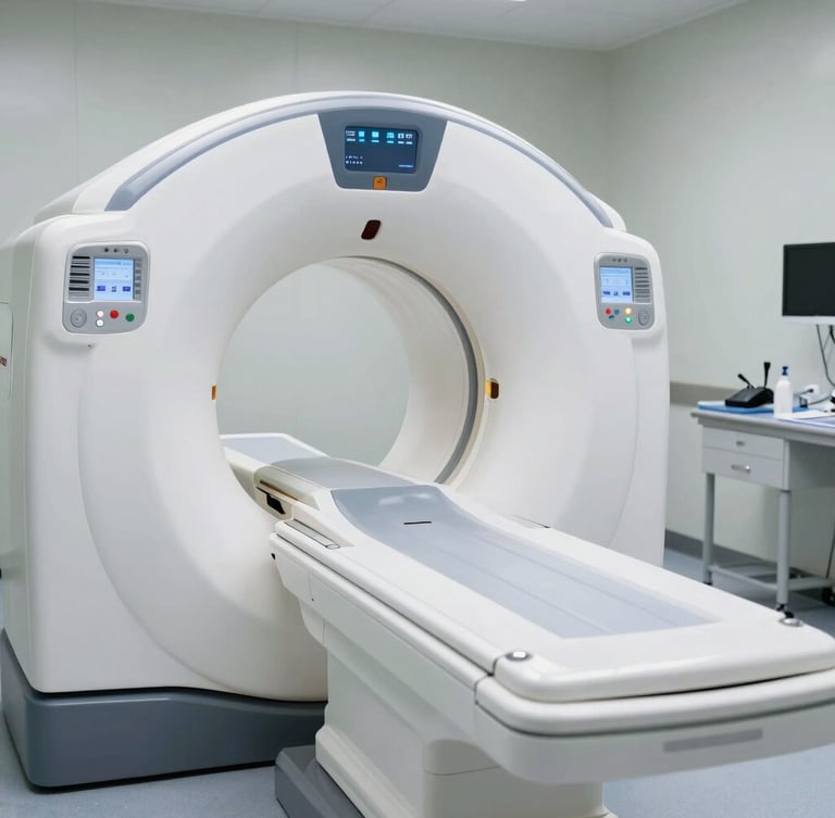 Crisp clinical photography, modern CT scanner interface in a clean, empty diagnostic room, cool metallic tones, sharp focus.
