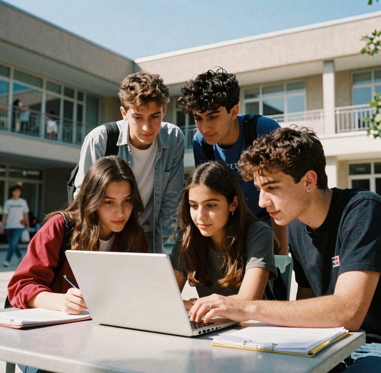 Dynamic low-angle shot of Turkish university students collaborating over a laptop in a modern, sunlit campus courtyard, vibrant energy, 35mm film aesthetic