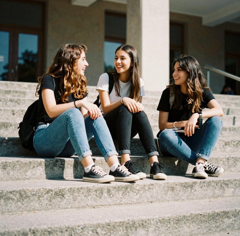 Low-angle candid photo of three Turkish university students laughing on a concrete campus step, bright natural daylight, 35mm film aesthetic, rich saturated tones.