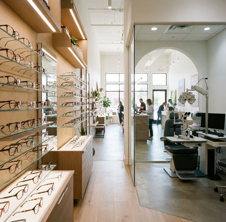 bright commercial photography, clean interior lighting, high contrast, sharp focus, 35mm. Crisp wide shot of modern frames on display next to clean optometry equipment, welcoming store interior