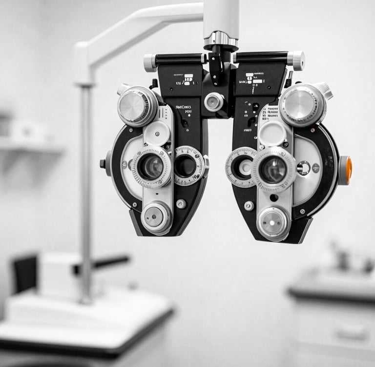 Crisp portrait shot of clean optometry equipment in a bright clinic, high contrast black and white with subtle orange accents, sharp focus, 35mm.