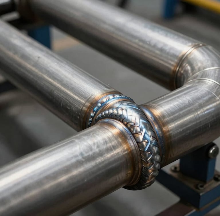 Close-up of industrial stainless steel piping runs with clean welds, high-contrast indoor lighting, architectural precision.