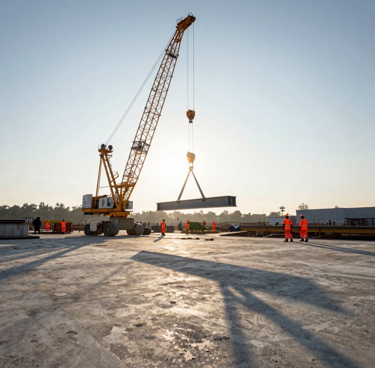 Wide environmental shot of an active infrastructure site at early morning sunrise, a massive crane lifting a steel beam in the center, long dramatic shadows on raw concrete, workers in pristine orange safety gear visible in the distance.