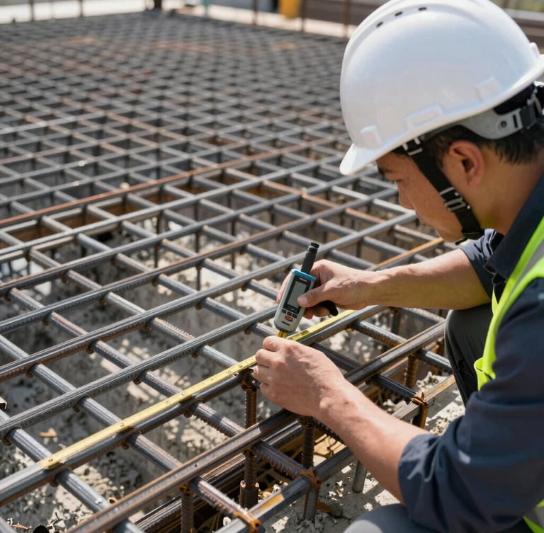 Close-up of a massive steel reinforcement grid for concrete foundation, an engineer in a white hardhat and safety vest measuring tolerances with a digital tool under bright sunlight.