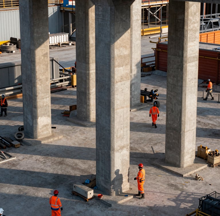 A high-angle dramatic shot of active civil infrastructure site, massive structural concrete columns rising, early morning sunlight casting long geometric shadows, workers in orange PPE safety gear.