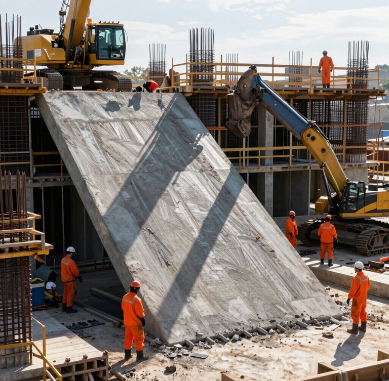 High-contrast dramatic morning shot of a massive concrete pour on an industrial construction site, heavy machinery and steel reinforcement structures visible, workers in full orange PPE, crisp shadows.