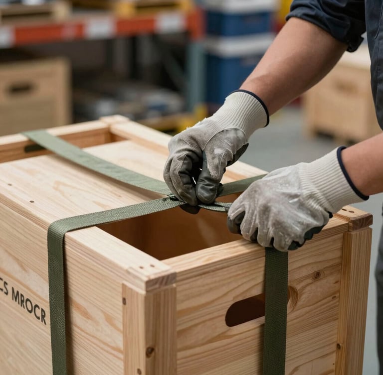 Medium close-up of technician hands in heavy-duty gloves securing a custom wooden crate with precise tension straps, high-clarity daylight, organized warehouse background.