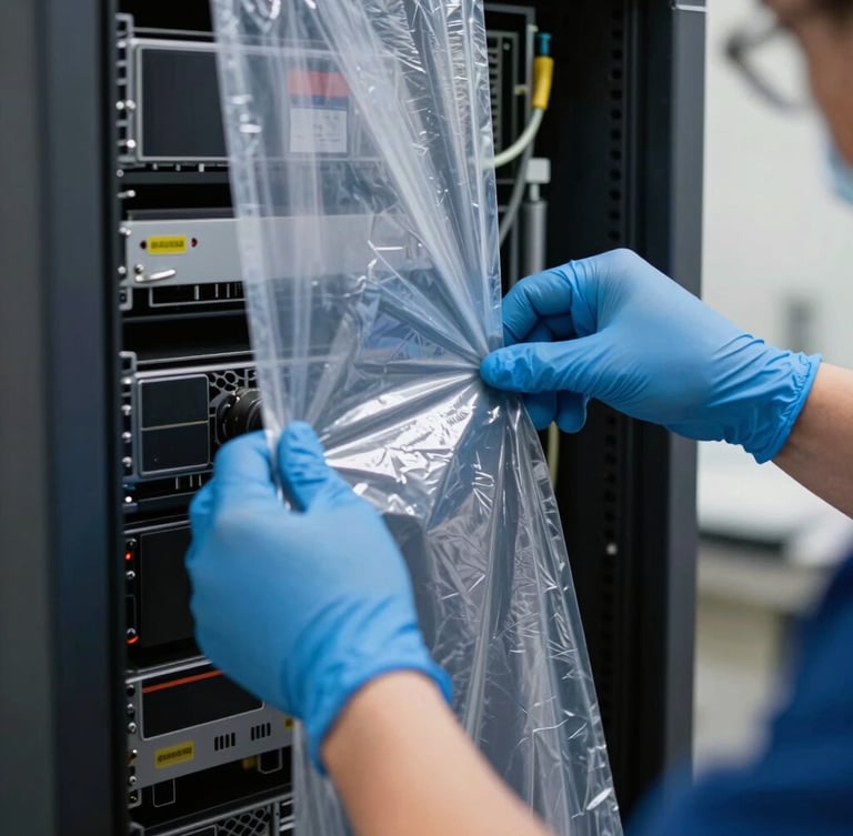 Medium close-up of a technician's hands in blue protective gloves wrapping a server rack with anti-static wrap, precise movements, bright daylight, technical focus.