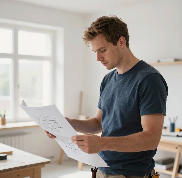 A professional Danish carpenter in a clean workshop, examining a technical architectural drawing under soft natural daylight, premium look