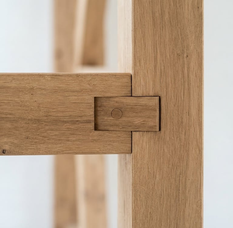 Macro close-up of premium oak timber joint, showcasing seamless millimeter-precise carpentry, bright natural Scandinavian daylight, architectural focus, 35mm lens