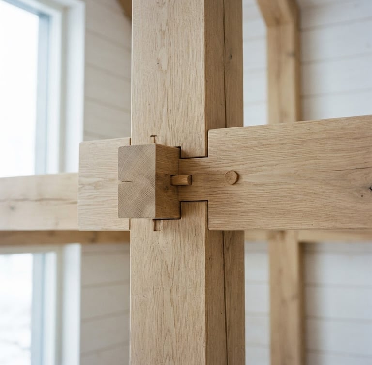 Architectural close-up of premium oak timber joints in bright natural Scandinavian daylight, high contrast, minimalist construction detail