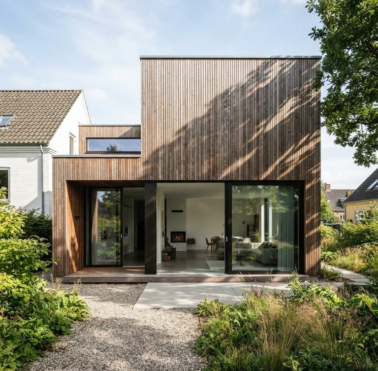 Architectural photography, bright natural daylight, a modern wooden house extension with clean lines in Aarhus, premium cedar wood cladding, high-contrast, 35mm lens