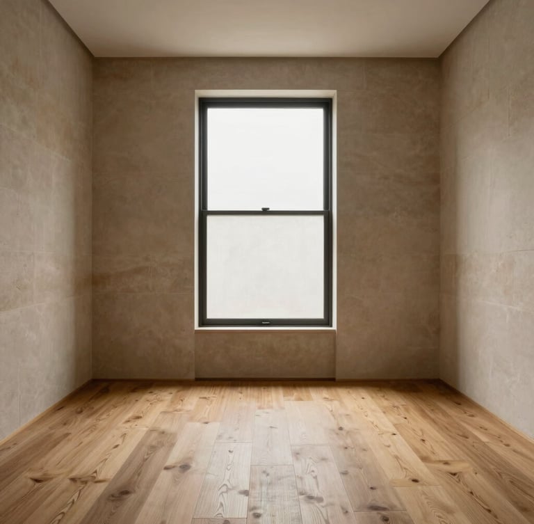 Wide-angle architectural composition of a minimalist living room, soft natural window light, muted stone walls, wire-brushed oak flooring, 35mm lens