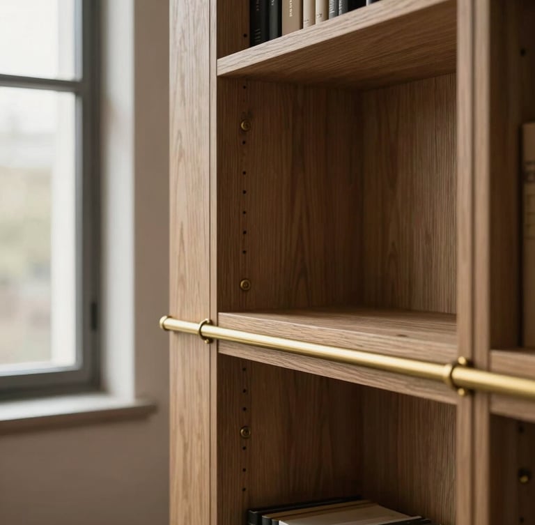 Close-up of bespoke joinery in a refined residential library, wire-brushed oak, patinated brass details, soft natural window light, architectural composition.