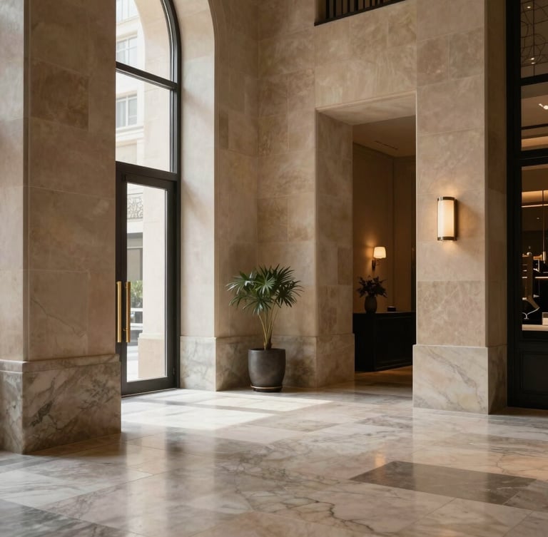 A high-end boutique hotel lobby, honed marble floors, warm stone walls, soft diffused natural daylight, architectural composition.