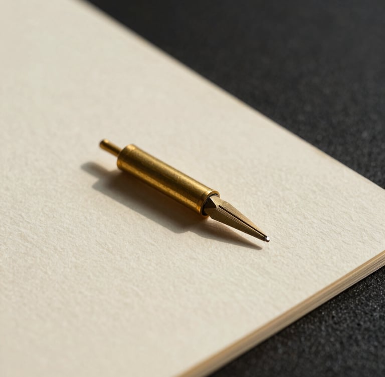 Macro studio photography of a solid brass compass tip resting on heavy textured cream paper, sharp directional side-lighting casting clean architectural shadows