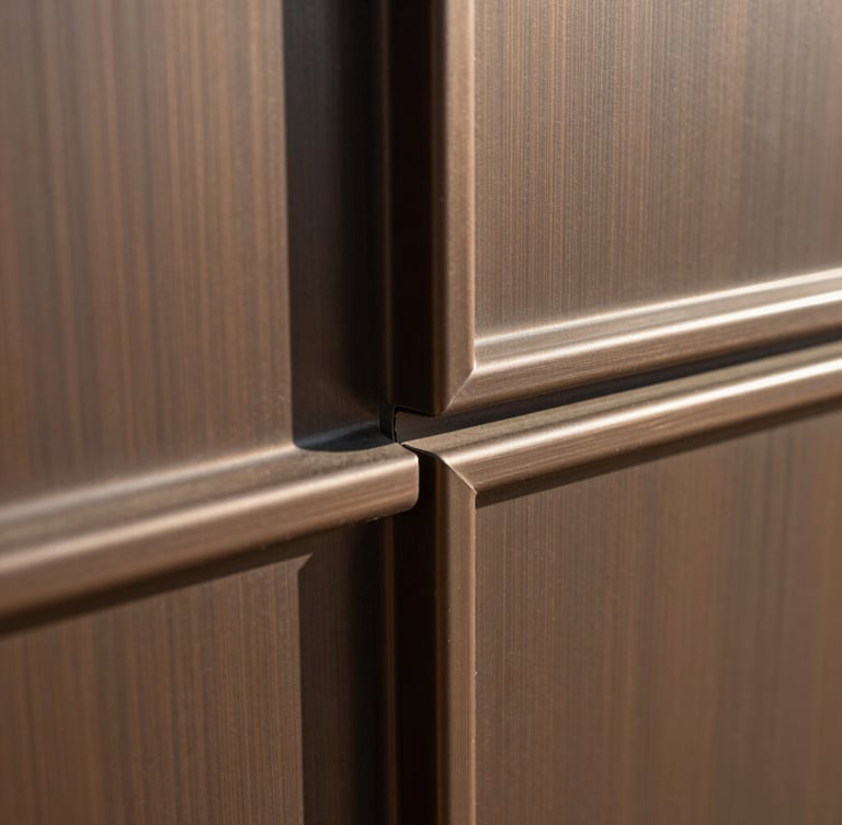 Extreme close-up of a flawless aluminum joint on a structural curtain wall, anodized bronze finish, sharp metallic edges, dramatic desert shadows, 35mm lens.