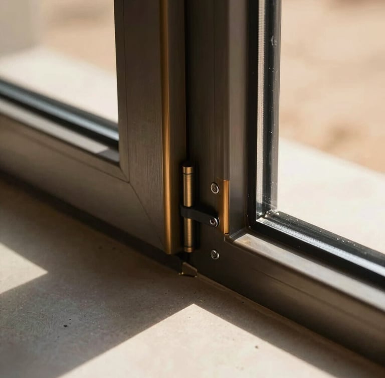 Sharp architectural close-up of a premium anodized bronze aluminum window joint with dual-rubber seals, harsh desert sunlight casting dramatic metallic shadows, 35mm lens.