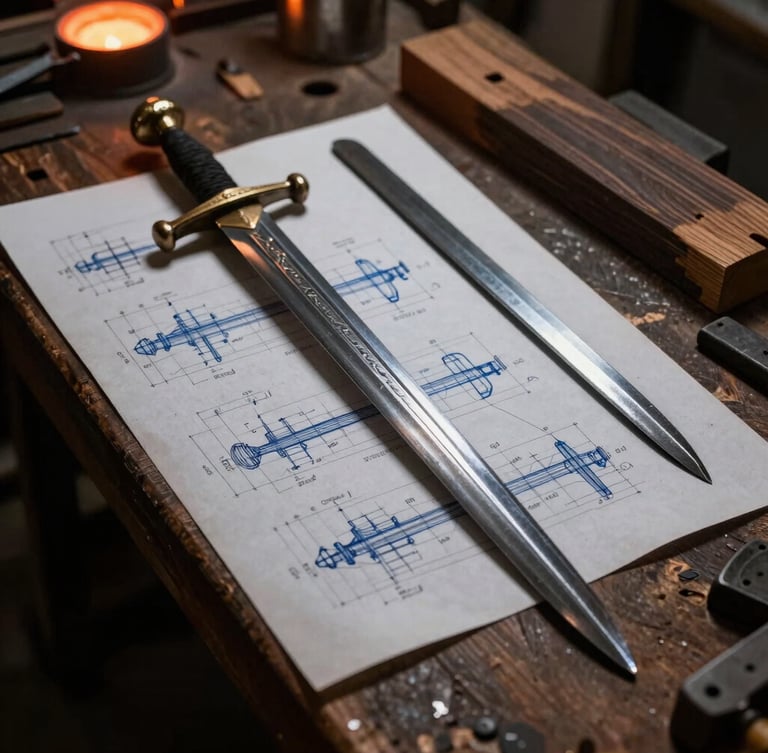 A bladesmith's wooden workbench covered with detailed hand-drawn blueprints of a medieval sword, a raw steel bar, and pieces of dark stabilized wood, warm side lighting, high contrast.