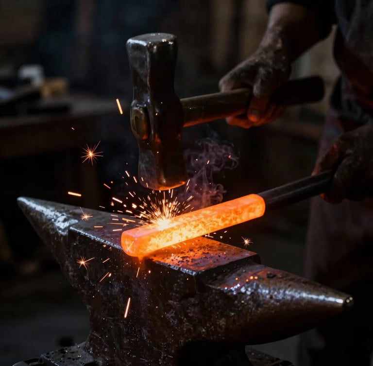 Dramatic low-key close-up of a blacksmith hammering glowing orange steel on a dark iron anvil, bright amber sparks flying in a smoky workshop, high-contrast chiaroscuro, 50mm lens