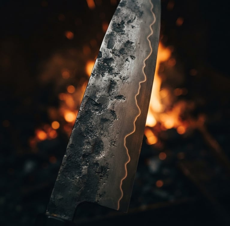 Extreme close-up of a hand-forged chef knife blade, showing the dark textured hammer marks and selective temper line, dramatic low-key lighting with glowing orange forge embers in the background, 50mm lens