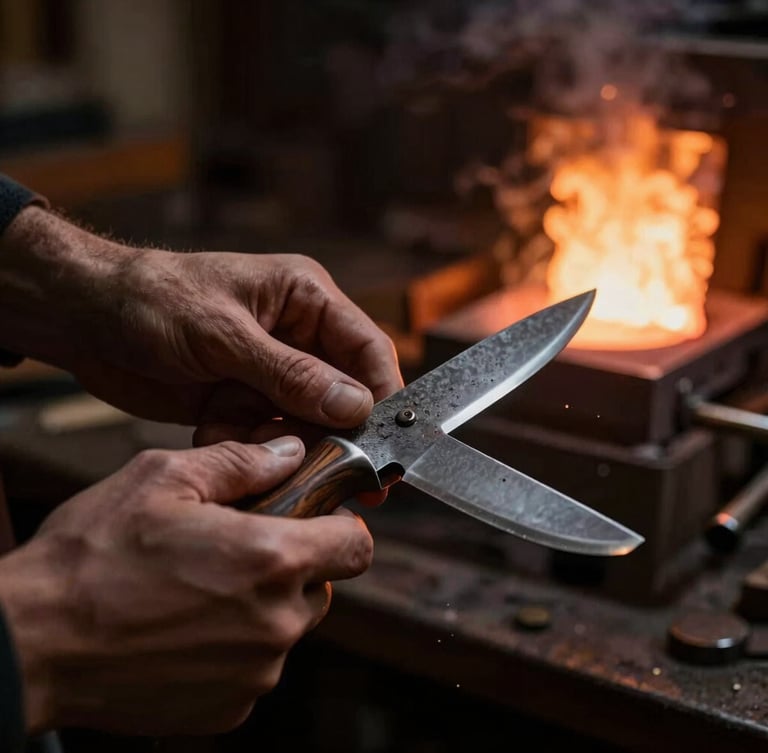 Hands of a bladesmith carefully hand-sanding a dark wood knife handle in a smoky workshop, soft dramatic side-lighting
