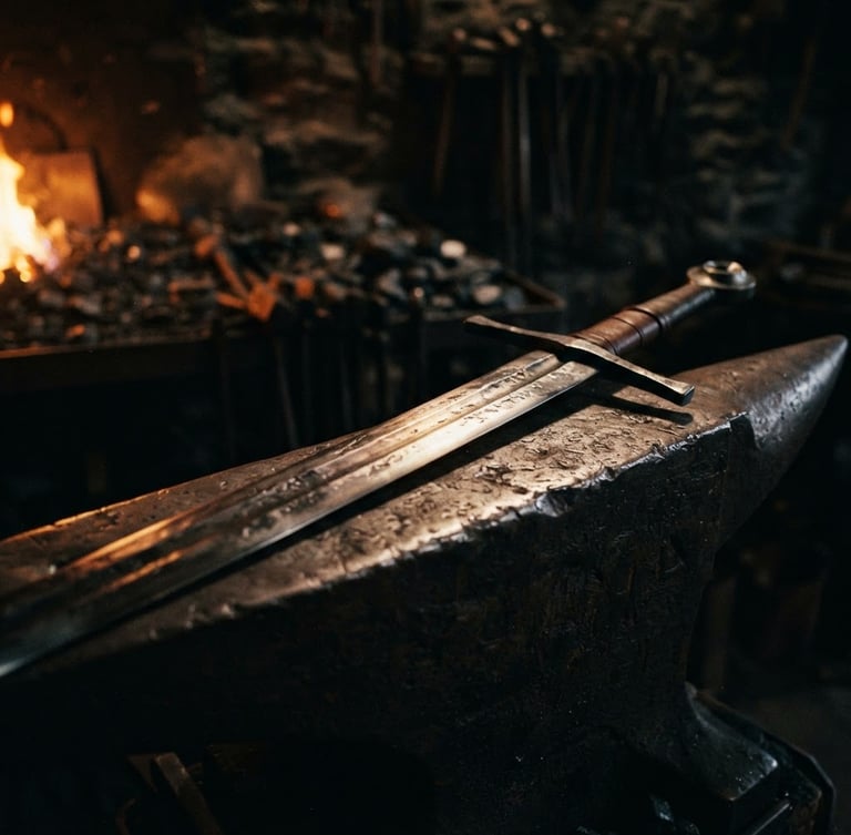 A long, hand-forged medieval longsword resting on a dark, textured anvil, illuminated by the warm glowing amber light of a nearby forge, dramatic shadows, highly detailed steel texture, 50mm lens, cinematic chiaroscuro.