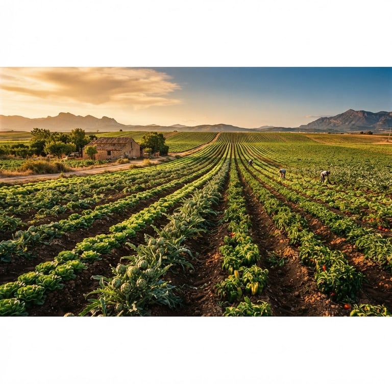 Wide panoramic Spanish vegetable field at golden hour, sun-drenched, with rows of fresh produce stretching to the horizon, raw agricultural photography, 35mm film look.