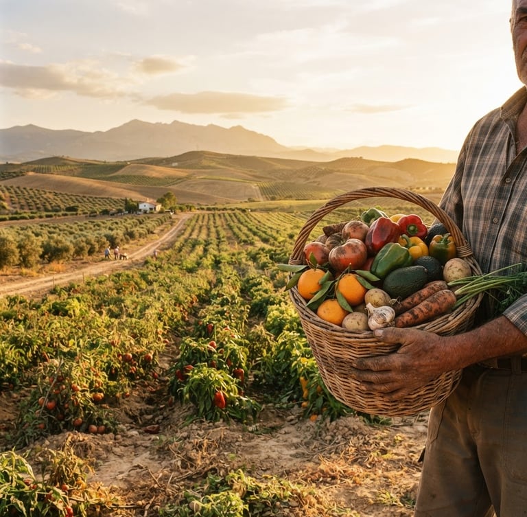 Wide panoramic Spanish field at golden hour, a farmer's hands holding a basket overflowing with freshly harvested, soil-dusted vegetables and fruits like tomatoes, peppers, oranges, and avocados, sun-drenched, 35mm film look, rich earth tones, to the right side of the frame.