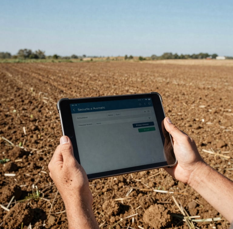 Close-up of soil-dusted hands holding a rugged tablet in a sun-drenched field, displaying a secure transaction confirmation, wide-angle, bright natural sunlight, rich earth tones, 35mm film look.