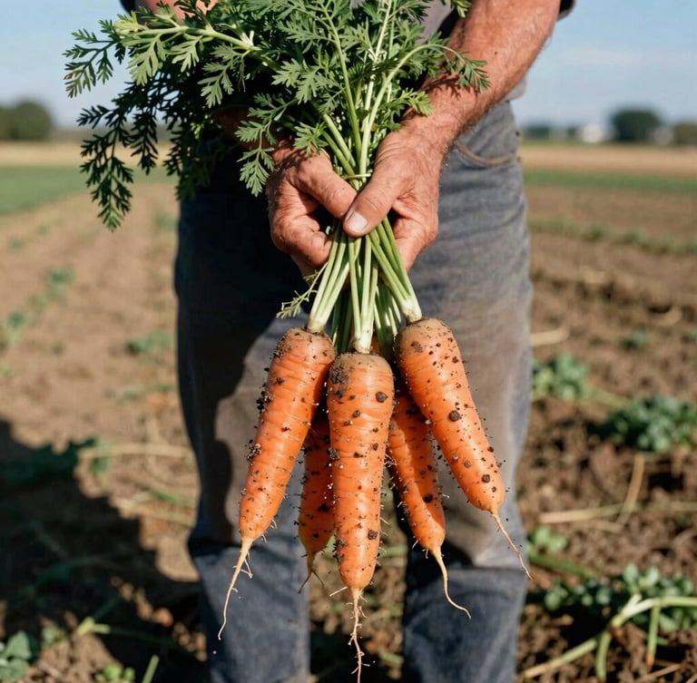Close-up of a farmer's hands holding a handful of freshly harvested, soil-dusted carrots in bright natural sunlight, wide-angle, rich earth tones, 35mm film look
