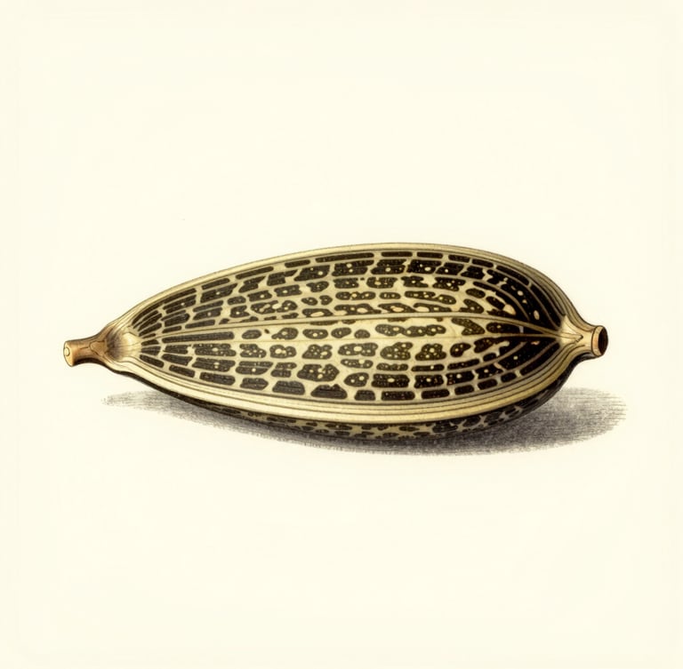Vintage scientific illustration of Ricinus communis seeds showing their marbled texture, flat-lay specimen, soft overcast daylight, warm cream background.