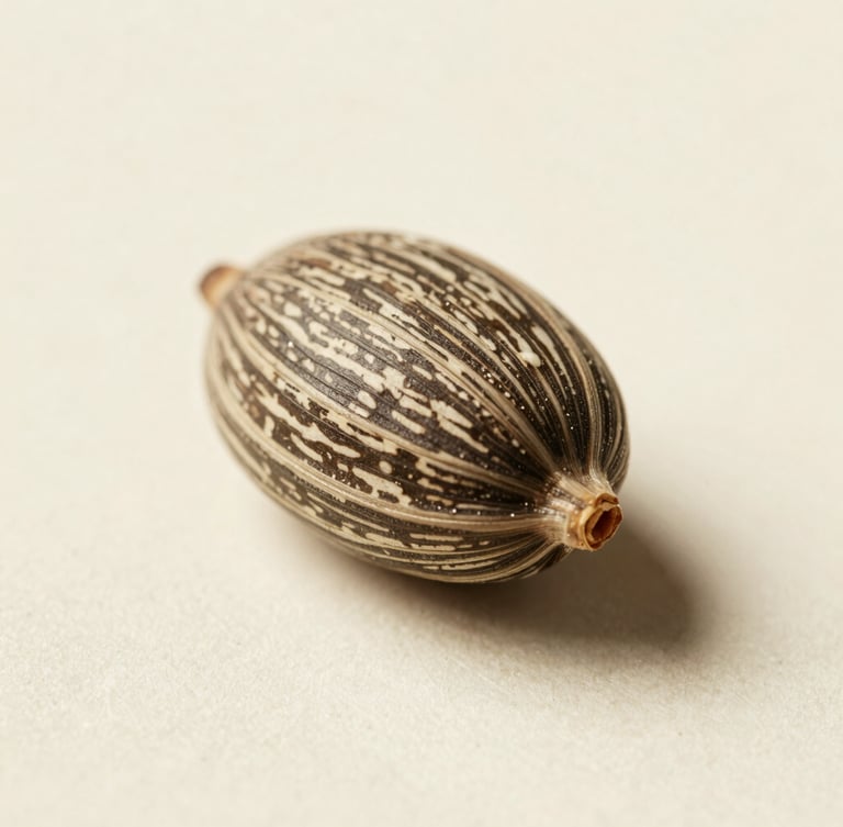 Vintage botanical plate style macro photograph of a single Ricinus communis seed, showing the intricate marbled texture of the seed coat, soft natural north-facing daylight, warm cream background.