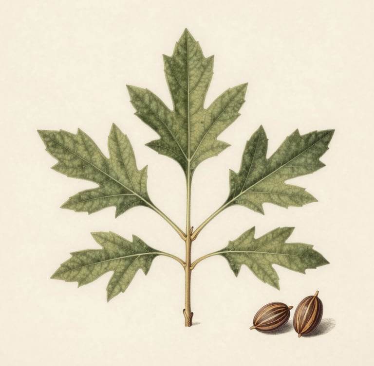A precise botanical illustration of Ricinus communis showing the detailed structure of its lobed leaves and marbled seeds, captured in soft overcast daylight with muted olive and warm cream tones, styled as a scientific plate from a historical journal.