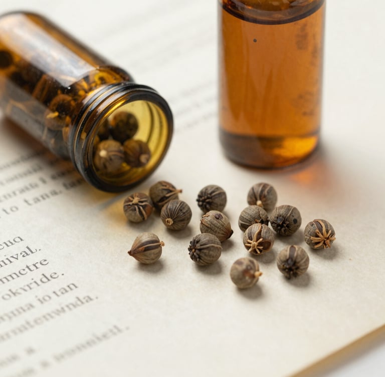Graines de ricin marbrées disposées à côté d'un flacon de laboratoire en verre ambré sur un vieux papier de recherche scientifique.