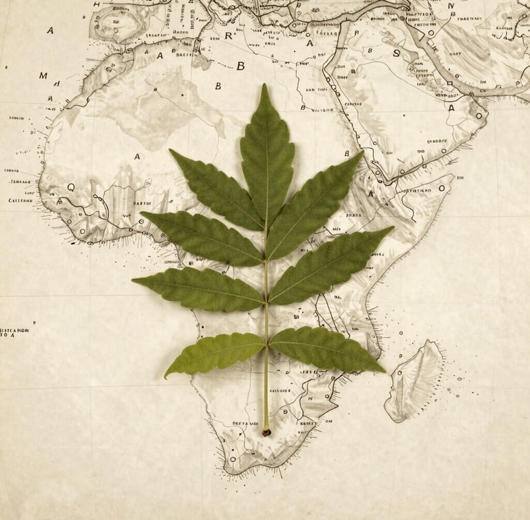 Historical map of East Africa and ancient trade routes, overlaid with a botanical specimen of a castor bean leaf, sepia tones, aged parchment texture, soft natural lighting.