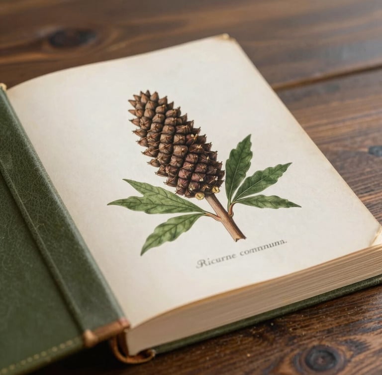 Photographie macro d'un livre ancien de botanique posé sur une table en bois sombre, couverture en cuir vert olive, page de garde crème montrant une illustration de Ricinus communis.
