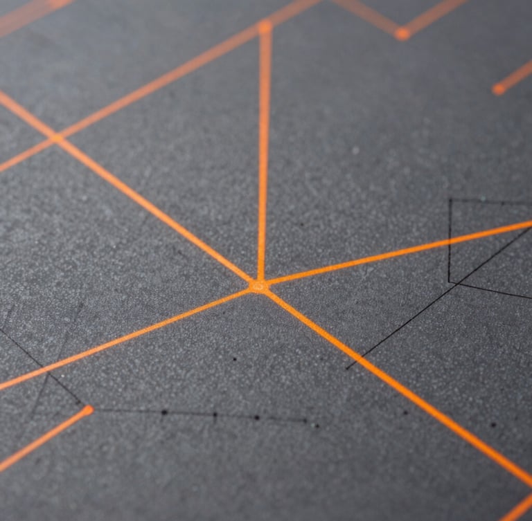 Macro shot of physical architectural blueprints with digital orange laser lines projected onto them, high-contrast daylight, technical focus